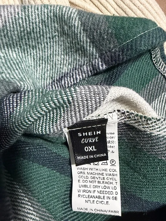 SHEIN Green, Cream and Gray Plaid Corduroy-Sleeve Button-Down Shacket - Picture 7 of 7